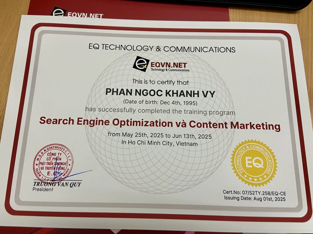 Chứng chỉ Content Marketing và SEO của EQVN