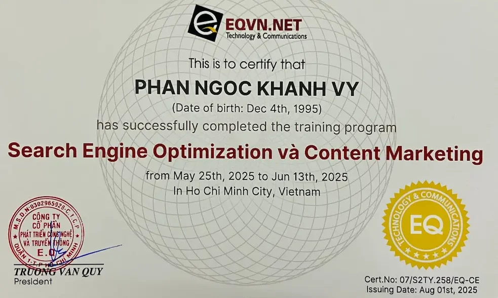 Tấm chứng chỉ khi học về việc chuyển hướng sang content marketing và seo